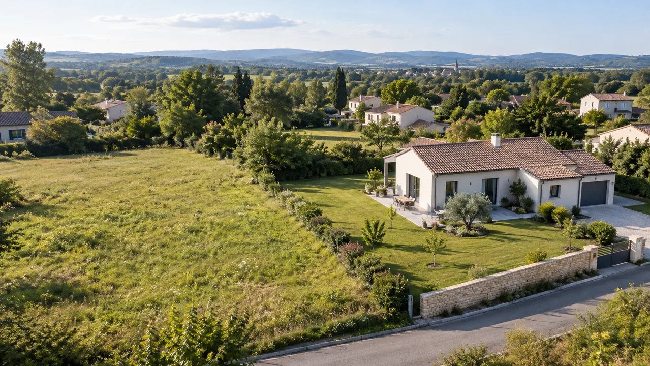Un terrain libre à côté d’une maison individuelle dans un environnement résidentiel